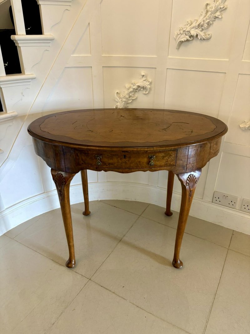 Antique Edwardian Quality Burr Walnut Freestanding Oval Shaped Writing Table